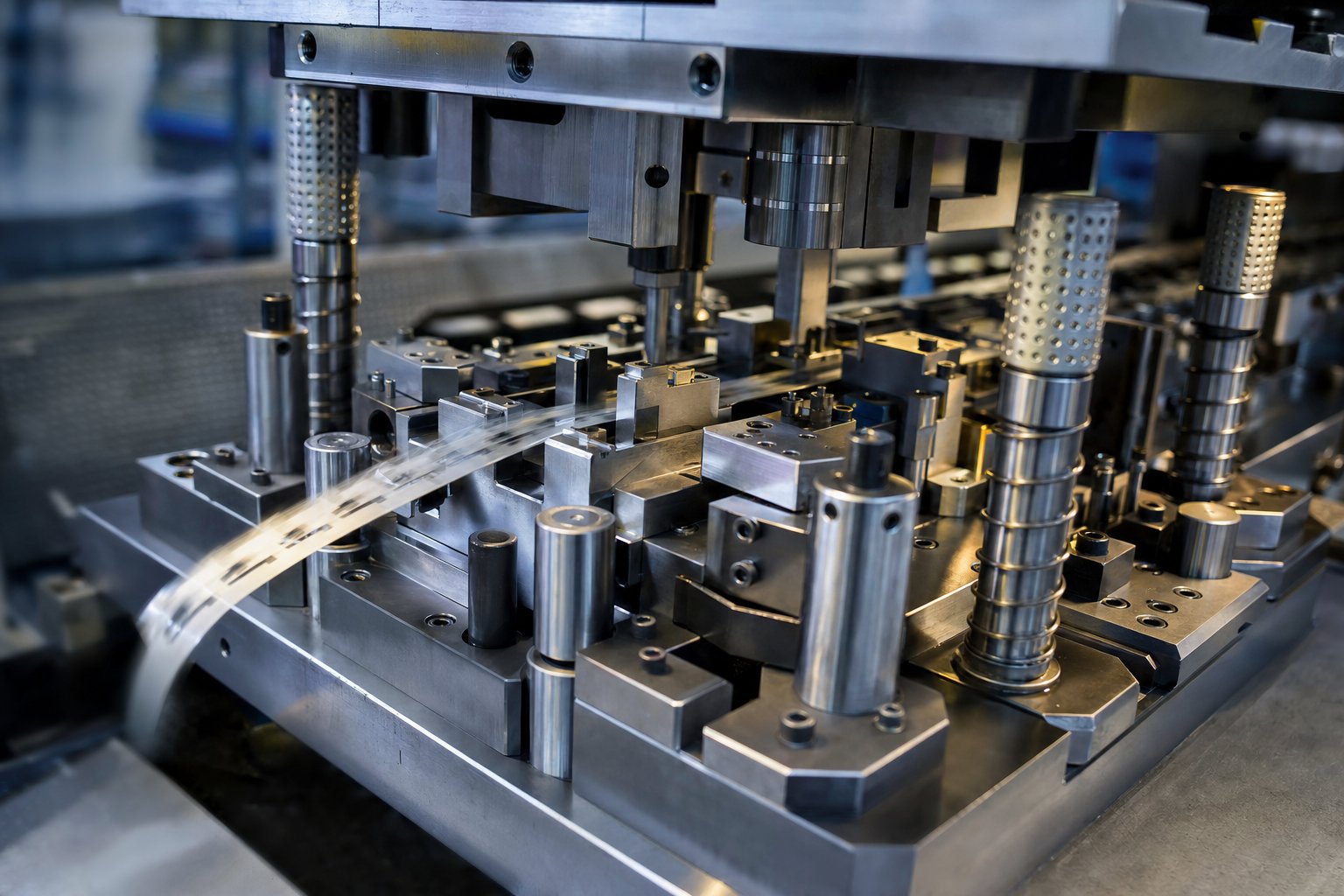 info-1-1 a progressive stamping die with multiple stations installed in a production press ready for high volume metal part manufacturing