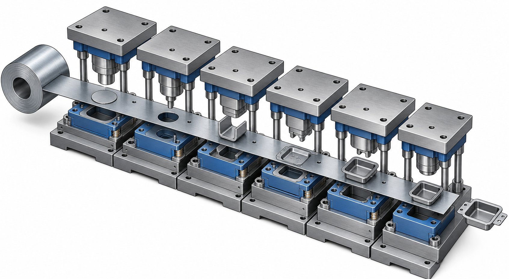 info-1-1 metal strip advancing through progressive die stations with each station performing a sequential forming operation