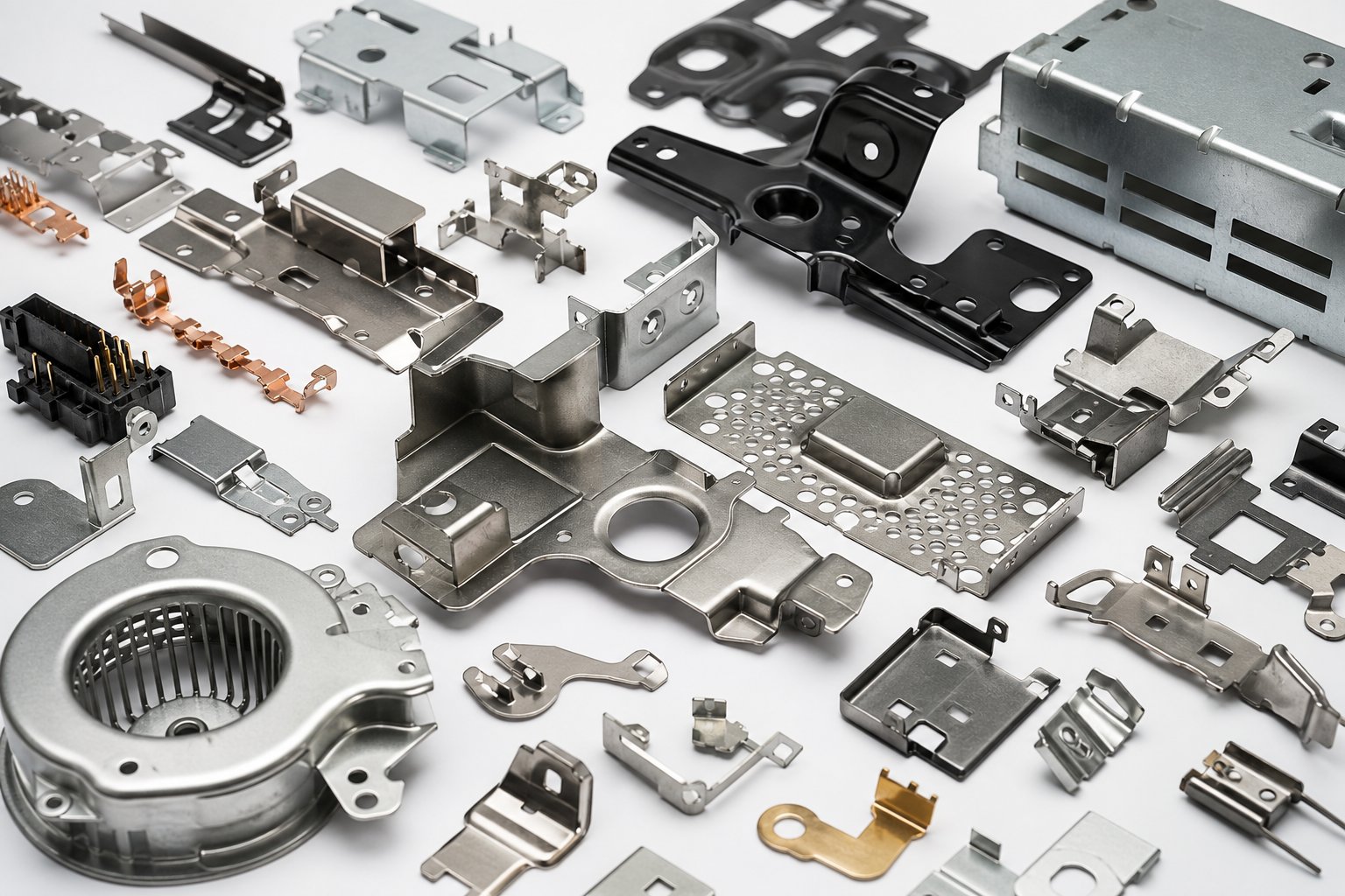info-1-1 progressive stamped parts from automotive electronics and industrial sectors showing the range of sizes and complexity levels