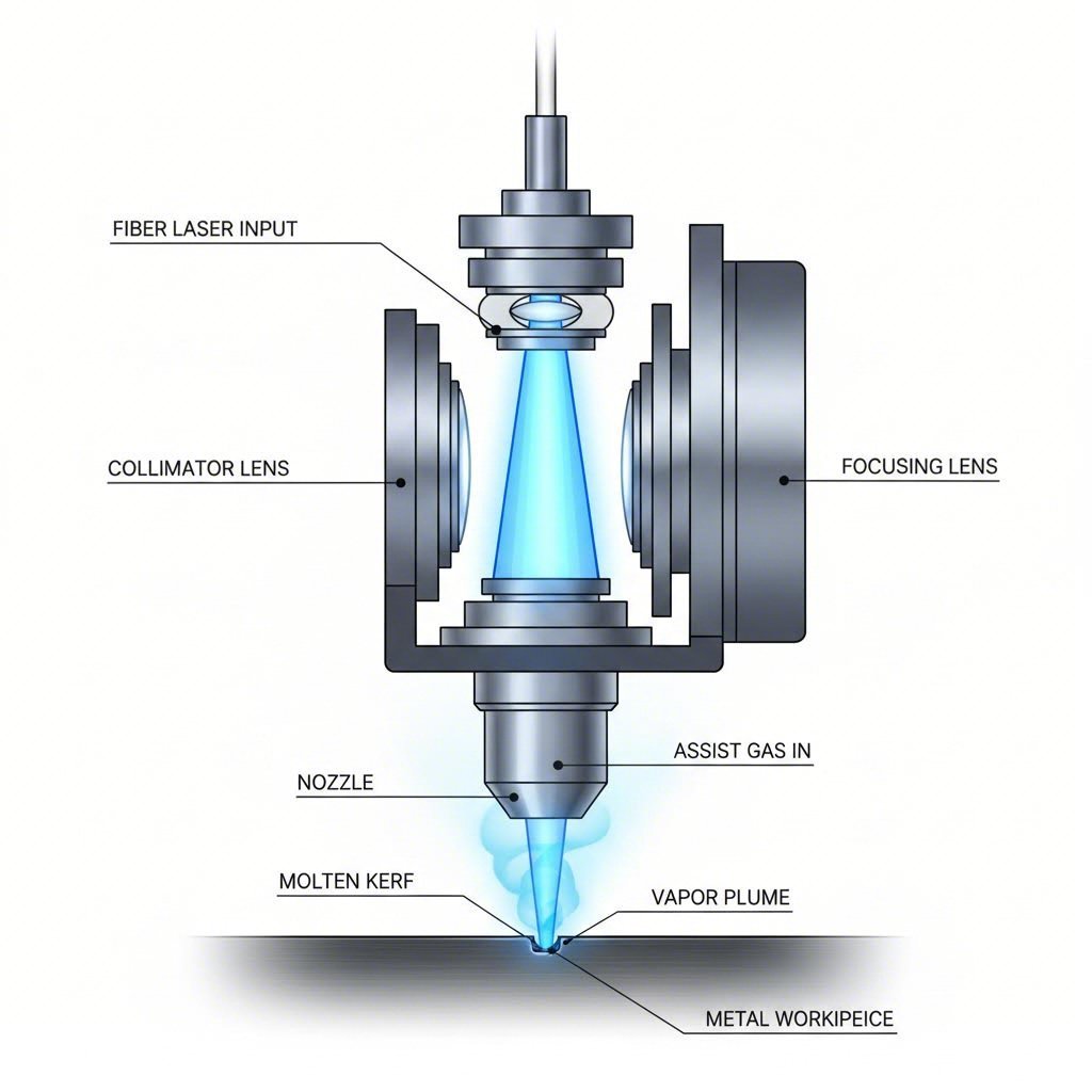 fiber laser cutting head showing beam focus and assist gas flow mechanics