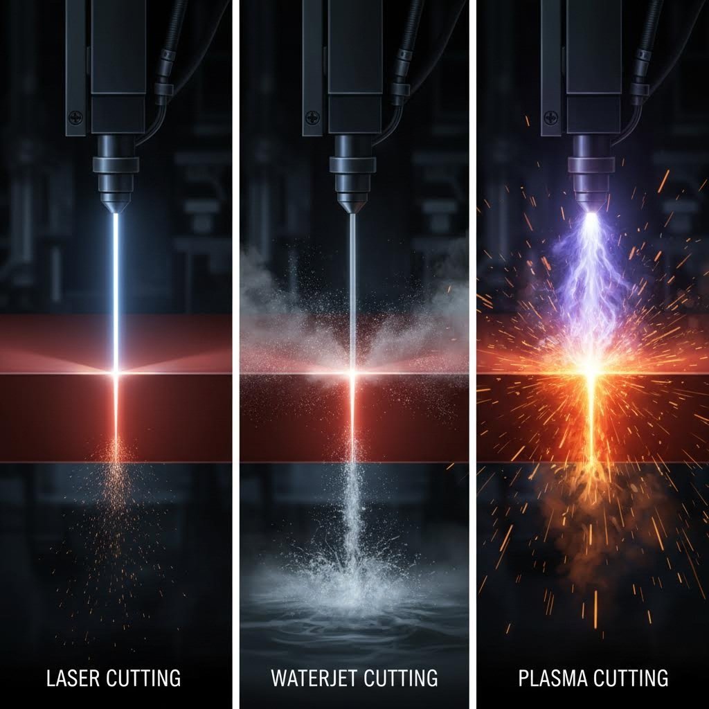 visual comparison of laser waterjet and plasma cutting technologies in operation