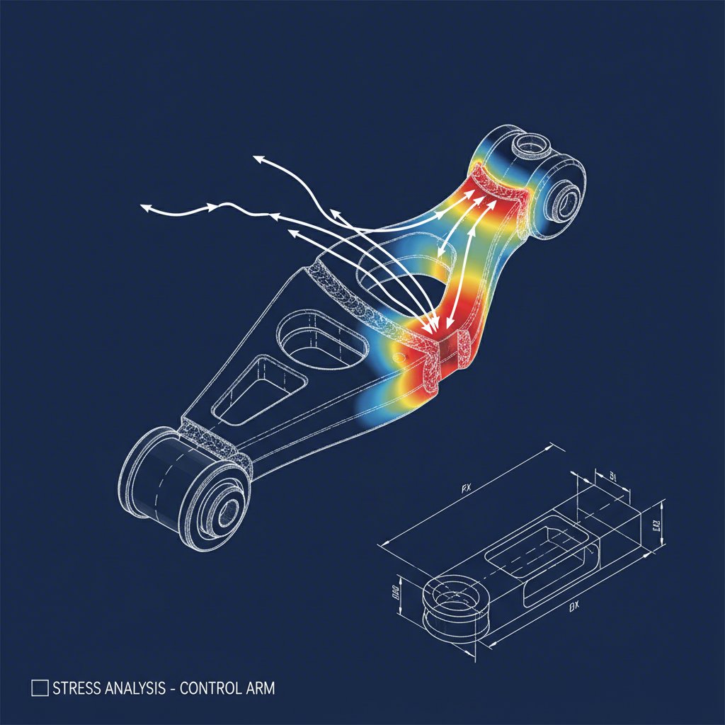 a technical diagram illustrating stress concentration and fatigue failure points on a stamped steel control arm