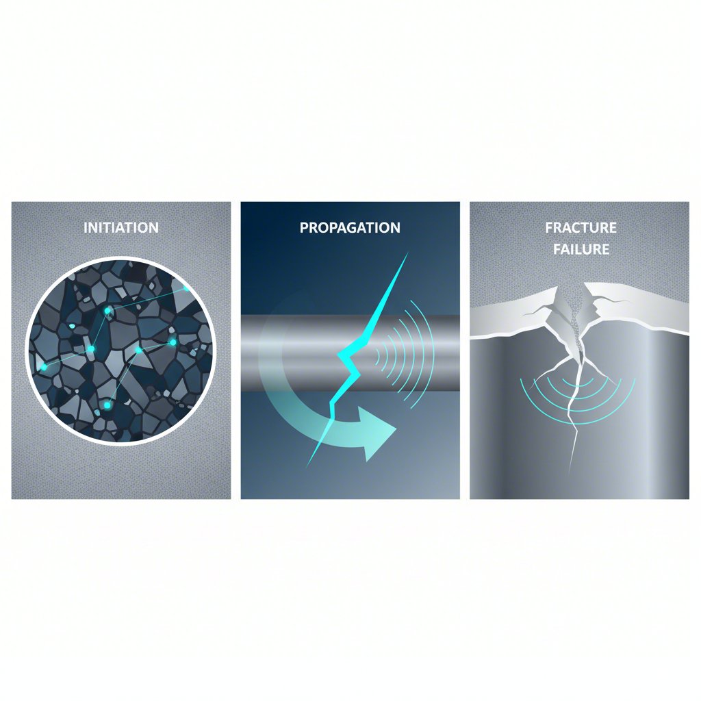 an infographic showing the three stages of metal fatigue failure from initiation to fracture