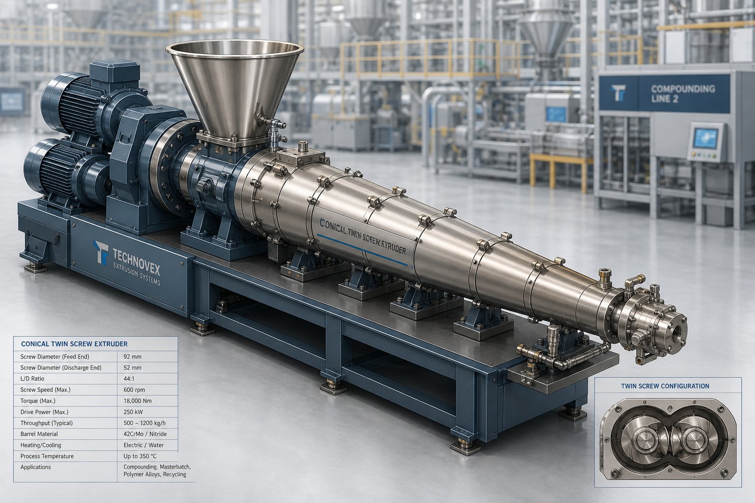 conical twin screw extruder with tapered barrel design optimized for pvc dry blend and low bulk density powder processing