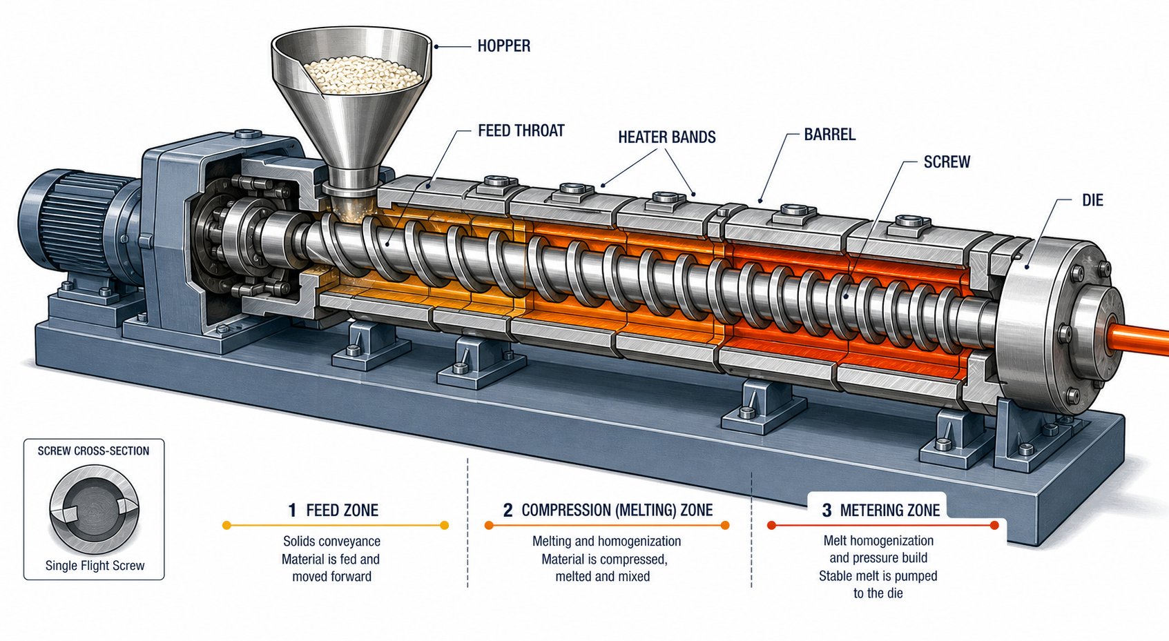 cutaway view of a single screw extruder showing the feed compression and metering zones along the barrel