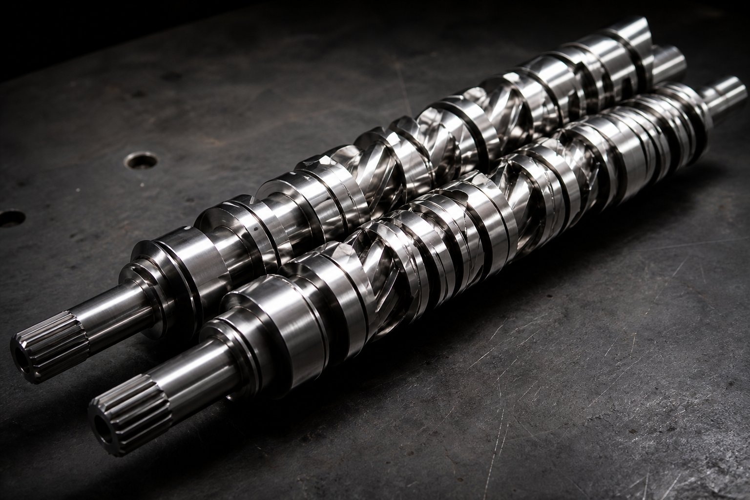 modular screw elements on a co rotating parallel twin screw extruder shaft showing conveying and kneading sections