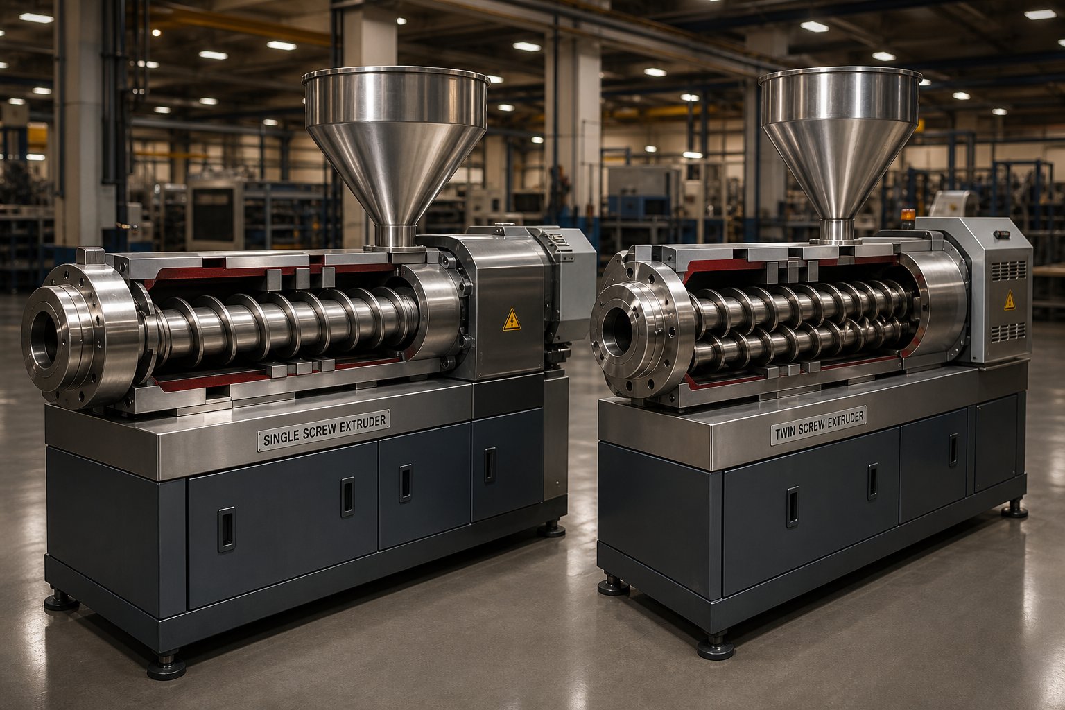 single screw and twin screw extruder configurations compared side by side in a modern plastics processing facility