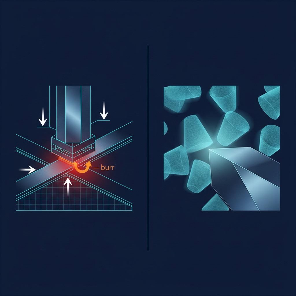 Cross section of metal shearing process vs. vibratory mass finishing media action