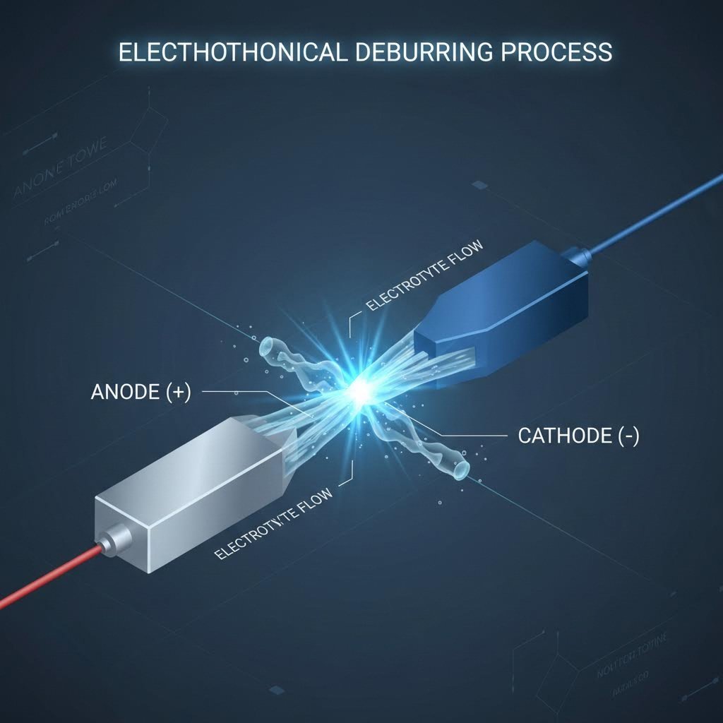 Schematic of electrochemical deburring dissolving burrs via electrolysis