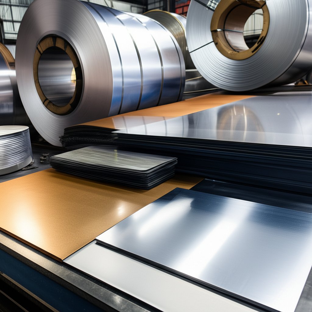 selection of steel stainless steel and aluminum sheets ready for metal stamping