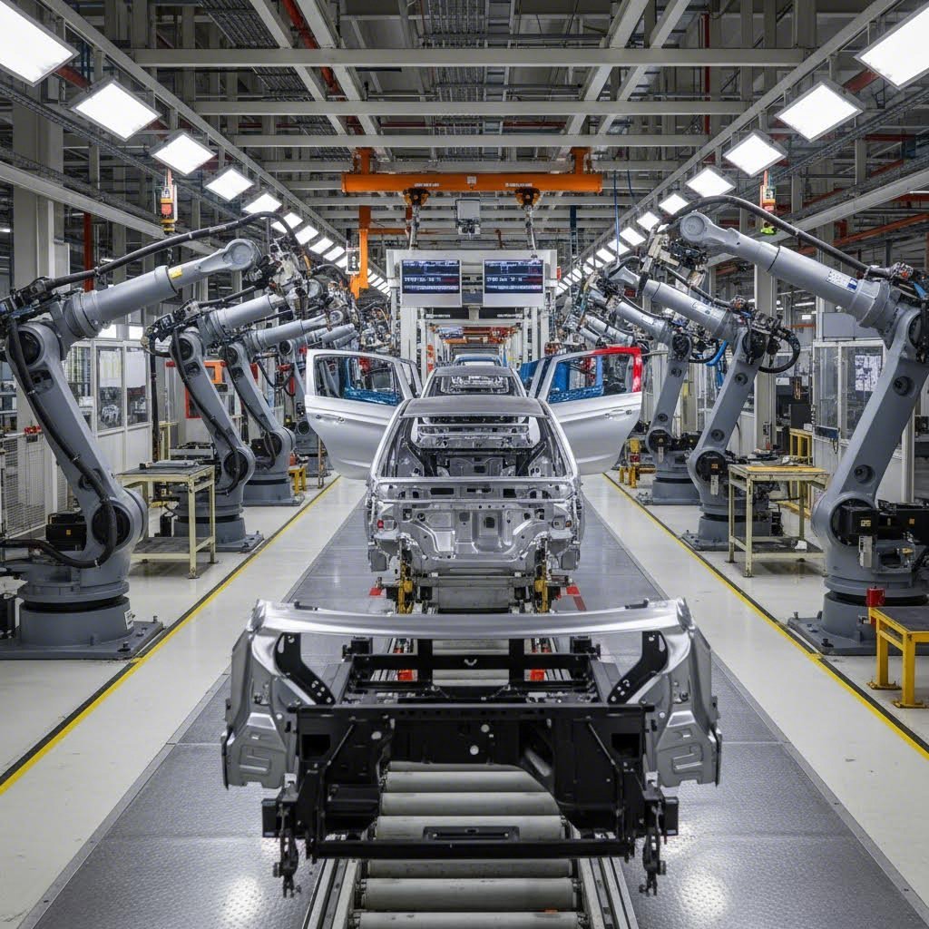 automotive sheet metal components on modern assembly line with precision manufacturing systems