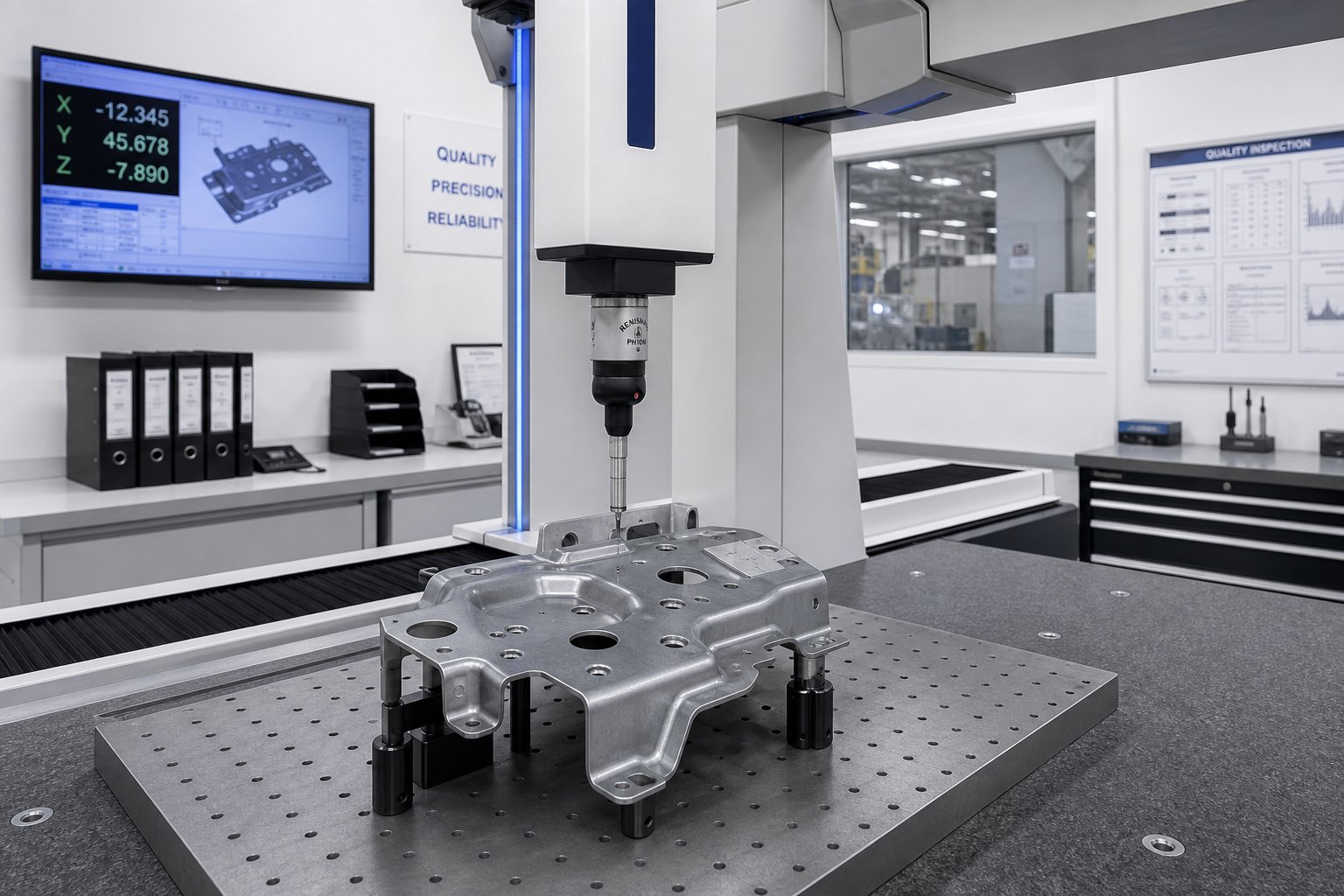 cmm inspection of progressive die stamped aerospace bracket during first article verification