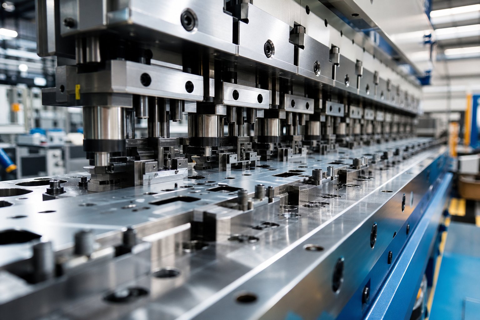 progressive die stamping press producing precision aerospace components through sequential forming stations