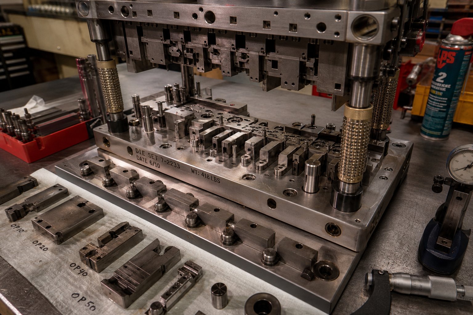 progressive die tool assembly during scheduled maintenance showing precision punch and forming components