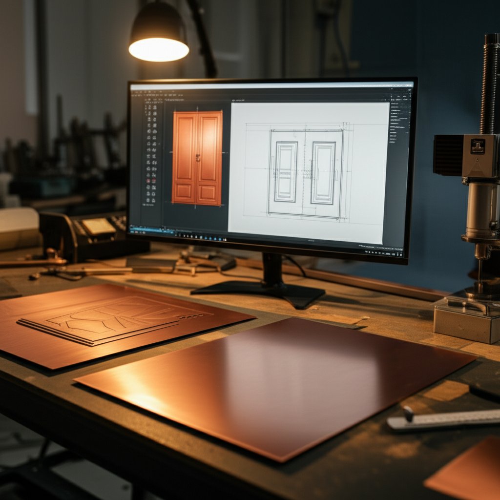 copper door fabrication workspace featuring design files and machining tools