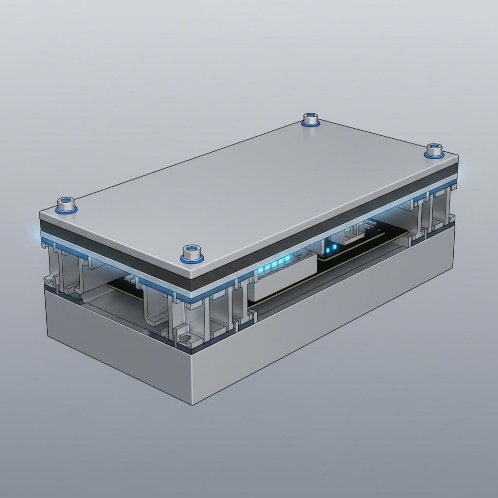 cross section view of sealed aluminum enclosure with gasket and weatherproofing components