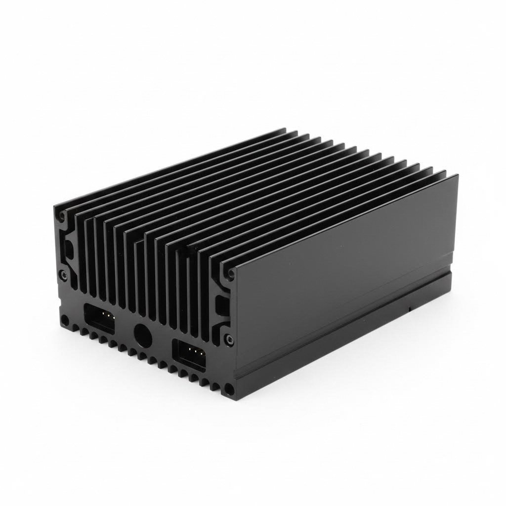 precision aluminum extrusion enclosure featuring integrated heat sink fins and anodized finish
