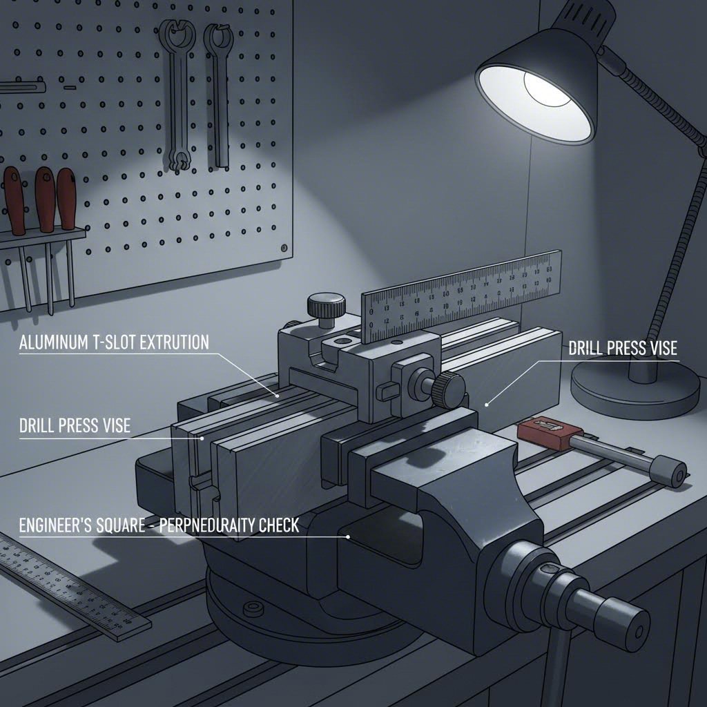 proper alignment setup using drill guide and precision square on t slot extrusion
