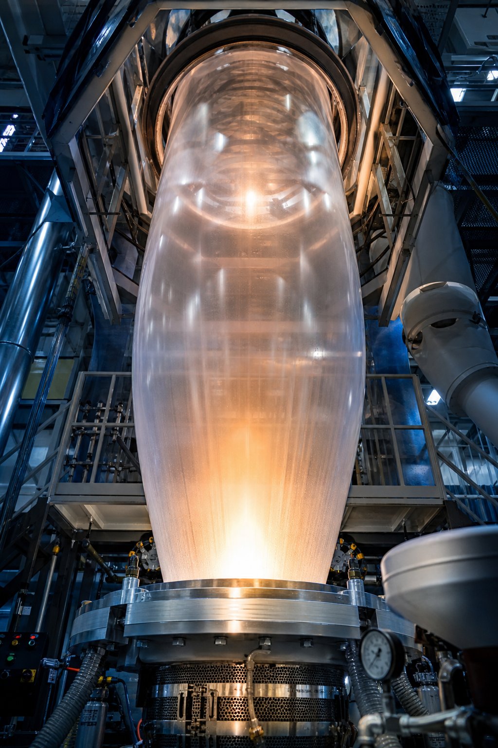 a blown film bubble rises from the annular die during continuous extrusion in an industrial production line