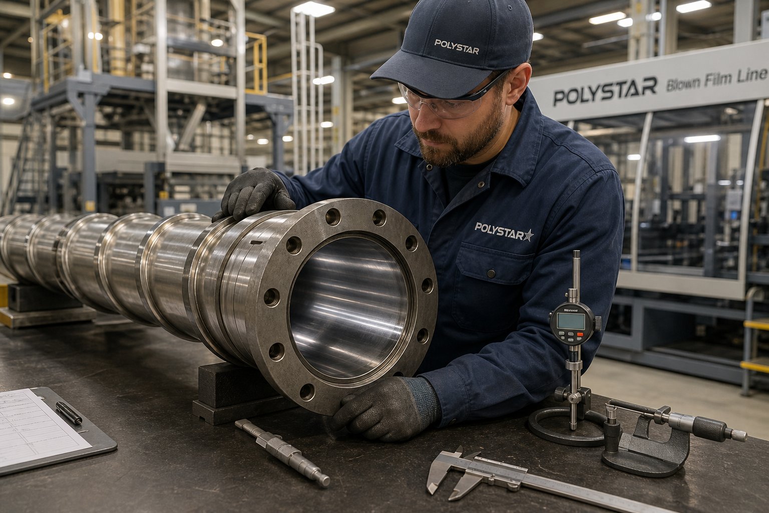 a technician inspects a single screw barrel during scheduled preventive maintenance on a blown film extrusion line