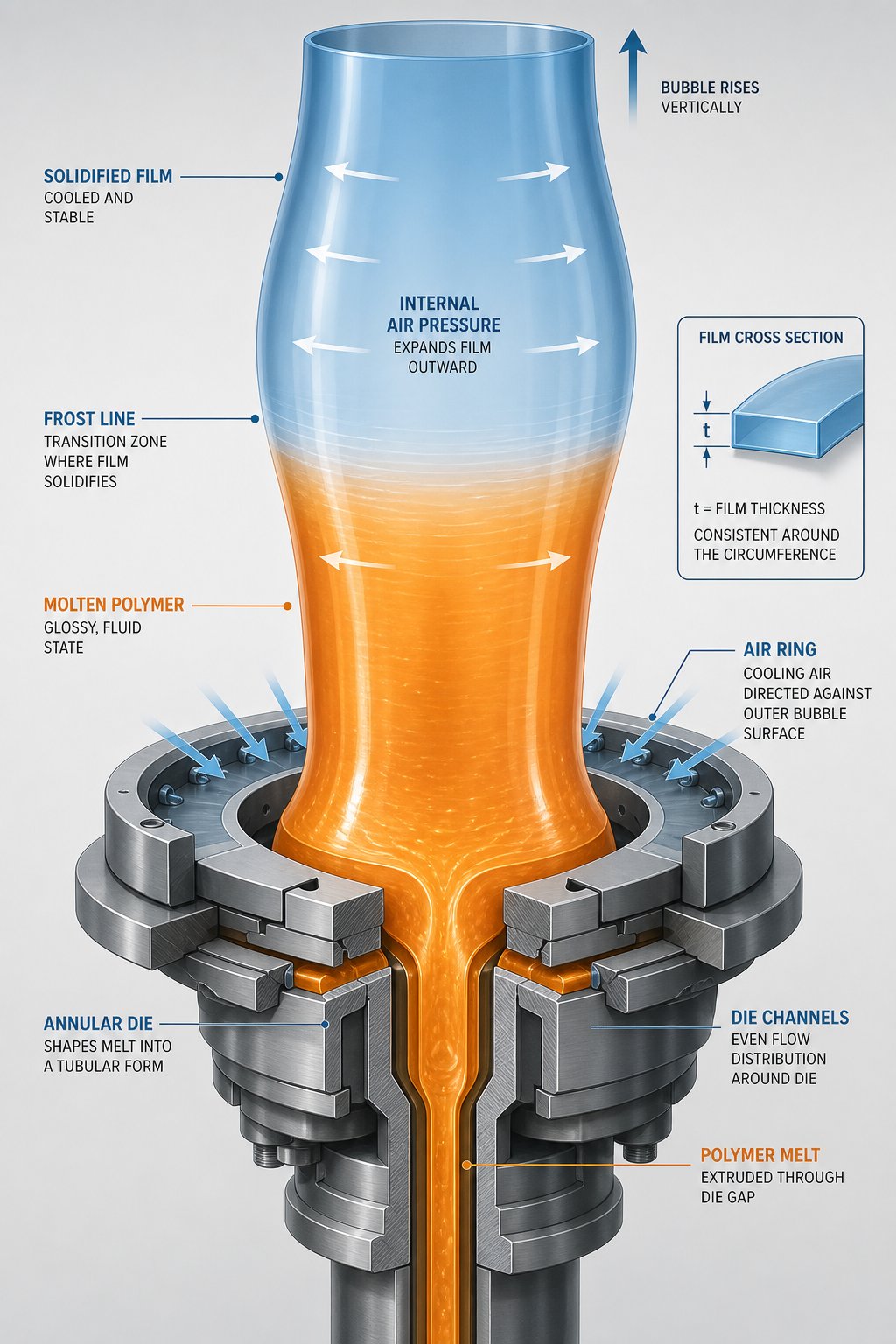 cutaway view of a blown film bubble showing the frost line where molten polymer solidifies during air cooled expansion