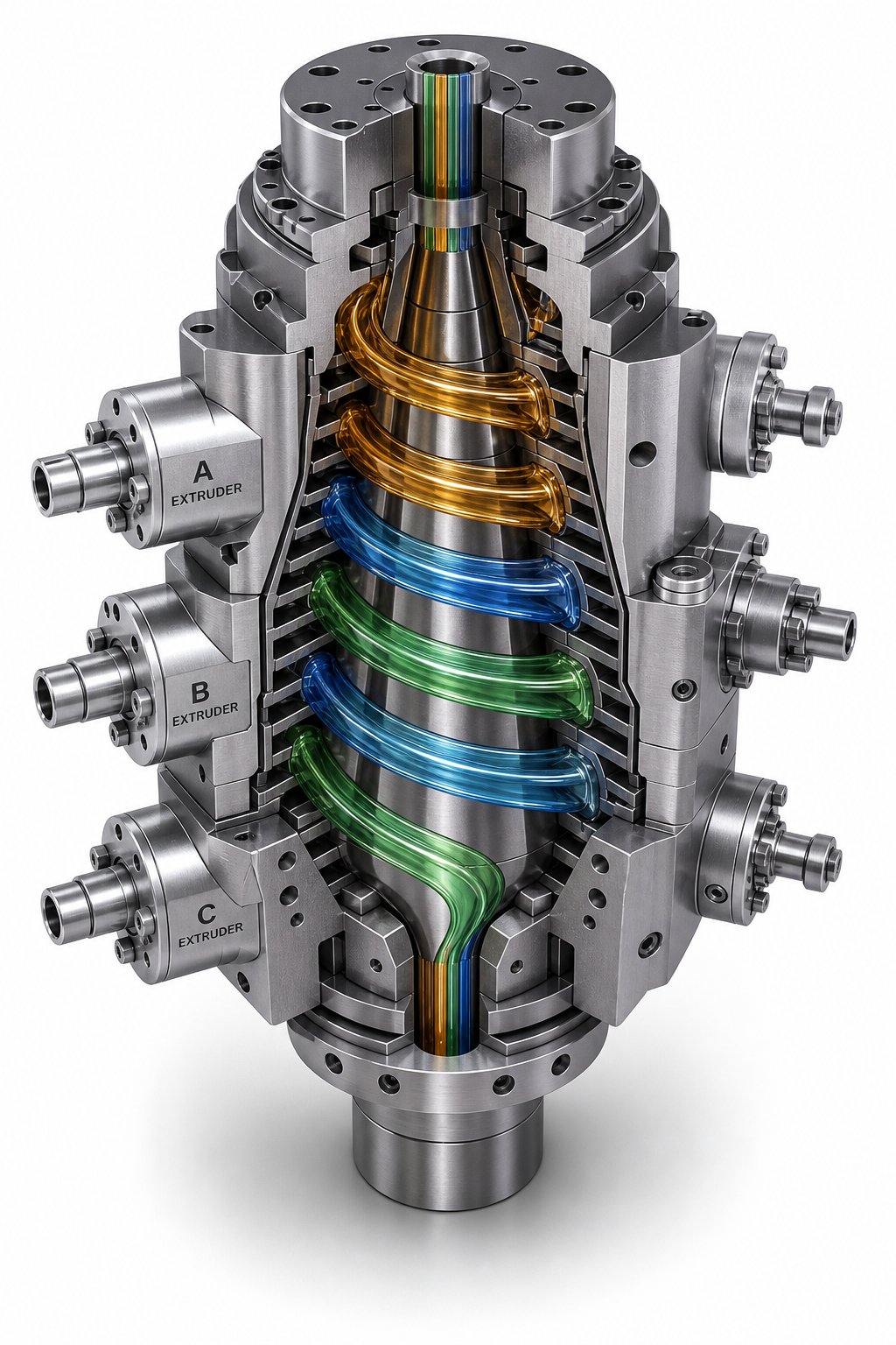 sectioned view of a multilayer spiral mandrel die revealing internal channels that merge separate polymer streams into concentric film layers