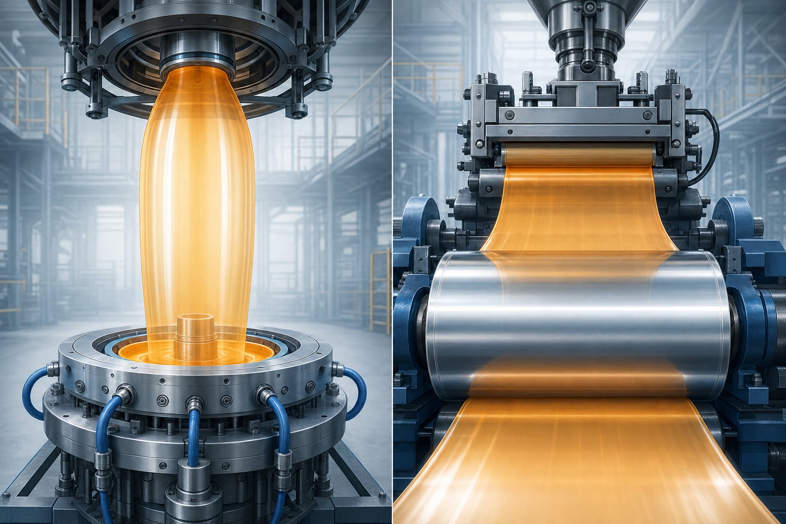 side by side comparison of blown film tubular bubble extrusion and cast film chill roll extrusion processes