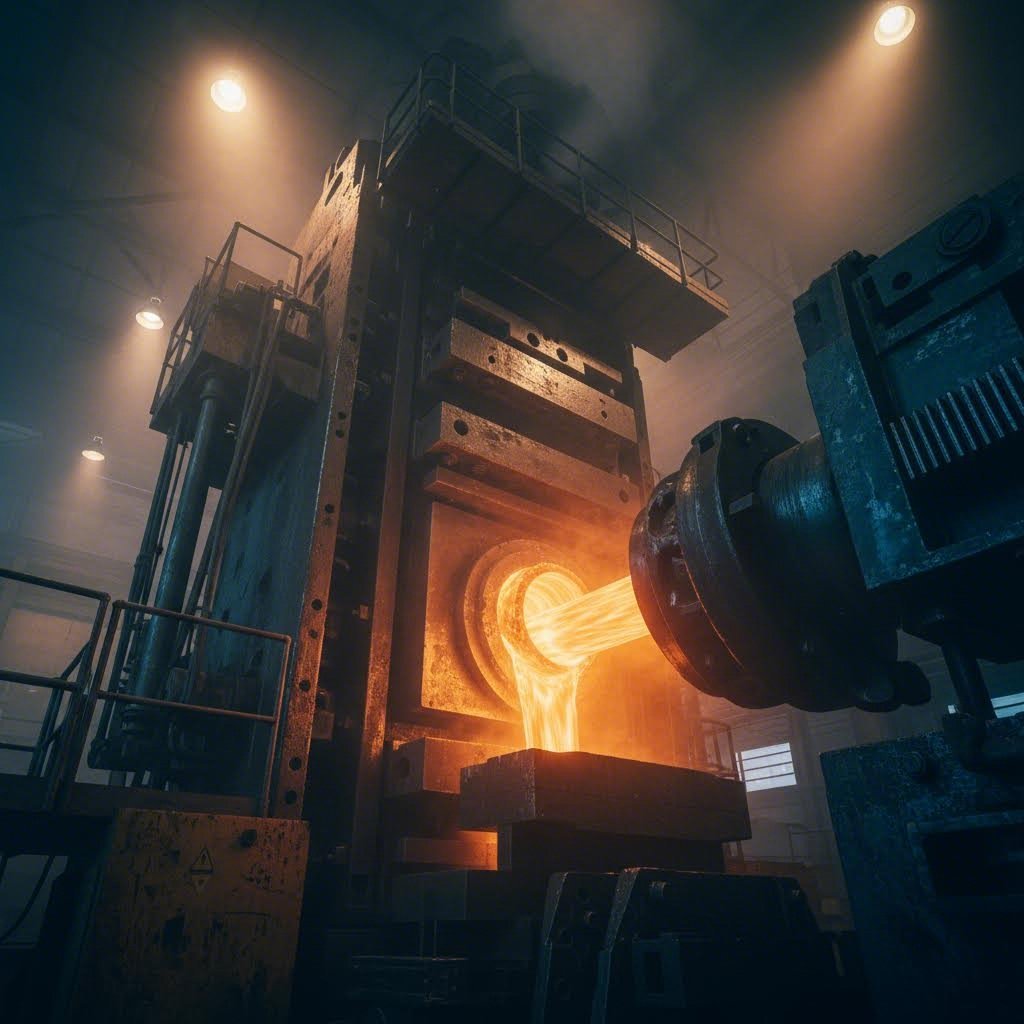 hollow aluminum profile emerging from extrusion press die during manufacturing process