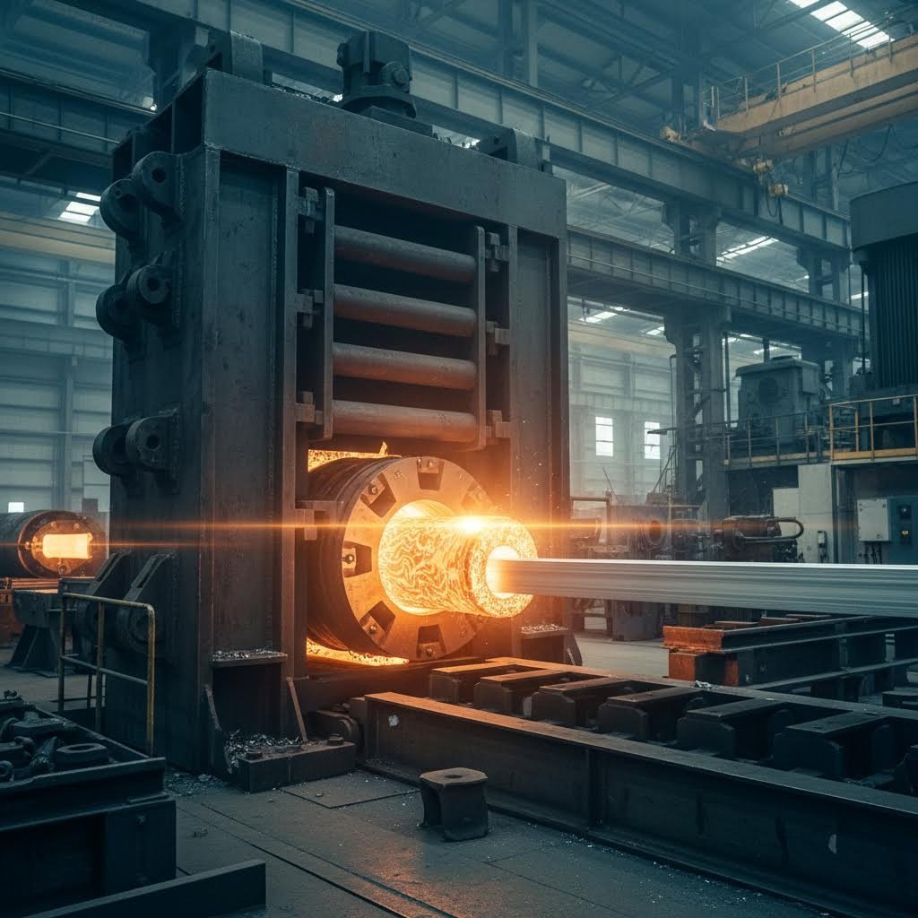aluminum extrusion press forming t slot profiles from heated billets