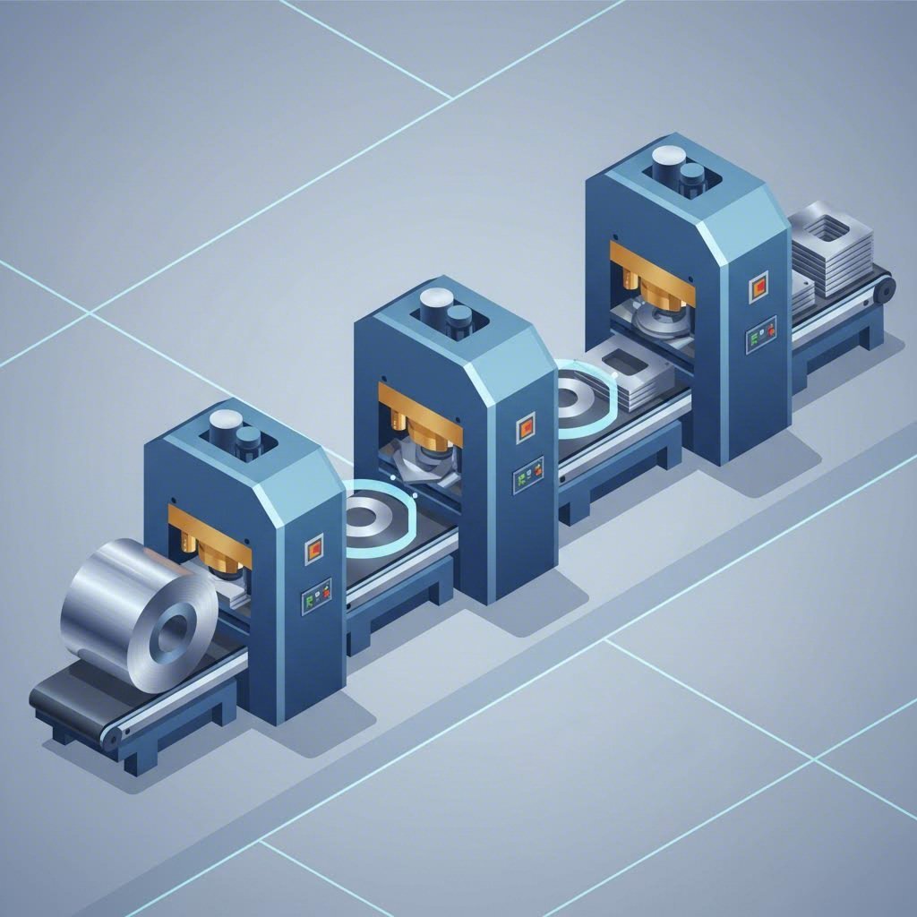 Progressive die stamping process from steel coil to finished plate