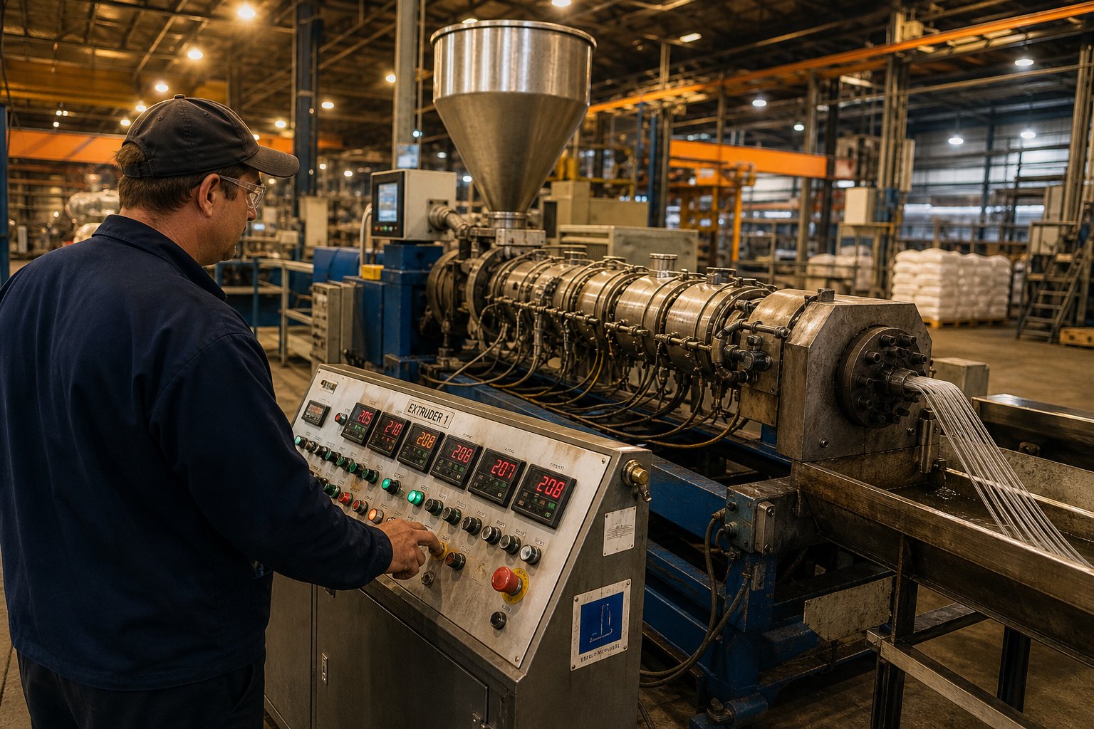 an operator monitoring extruder performance %E2%80%94 catching symptoms early prevents costly screw barrel failures
