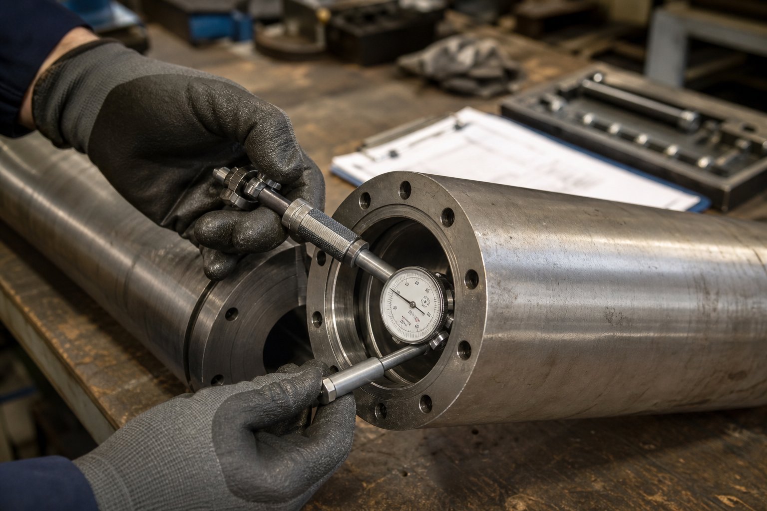 measuring barrel bore diameter with a precision gauge to assess wear severity and plan maintenance action