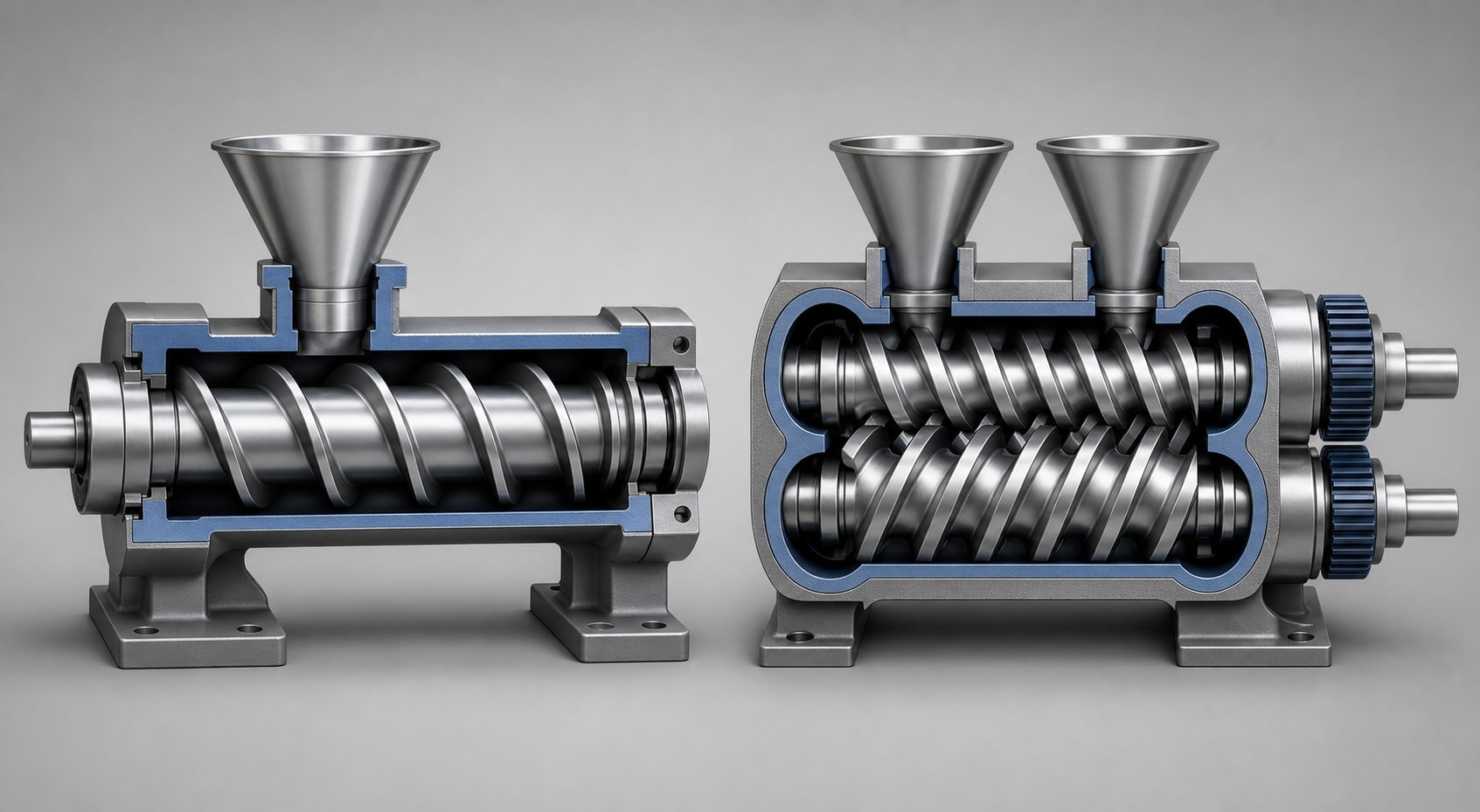 single screw vs twin screw barrel configurations showing the fundamental difference in screw and bore geometry