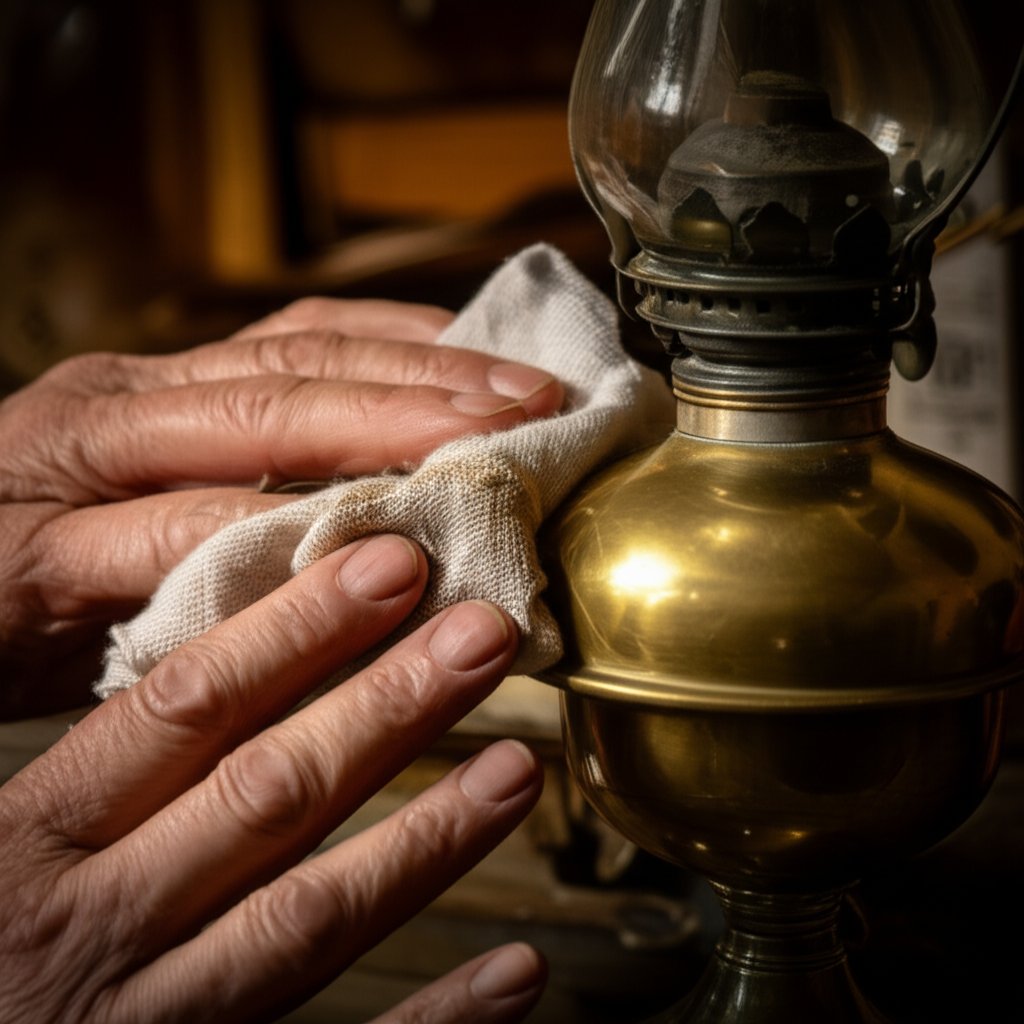 polishing a brass lamp with cream polish for safe daily shine