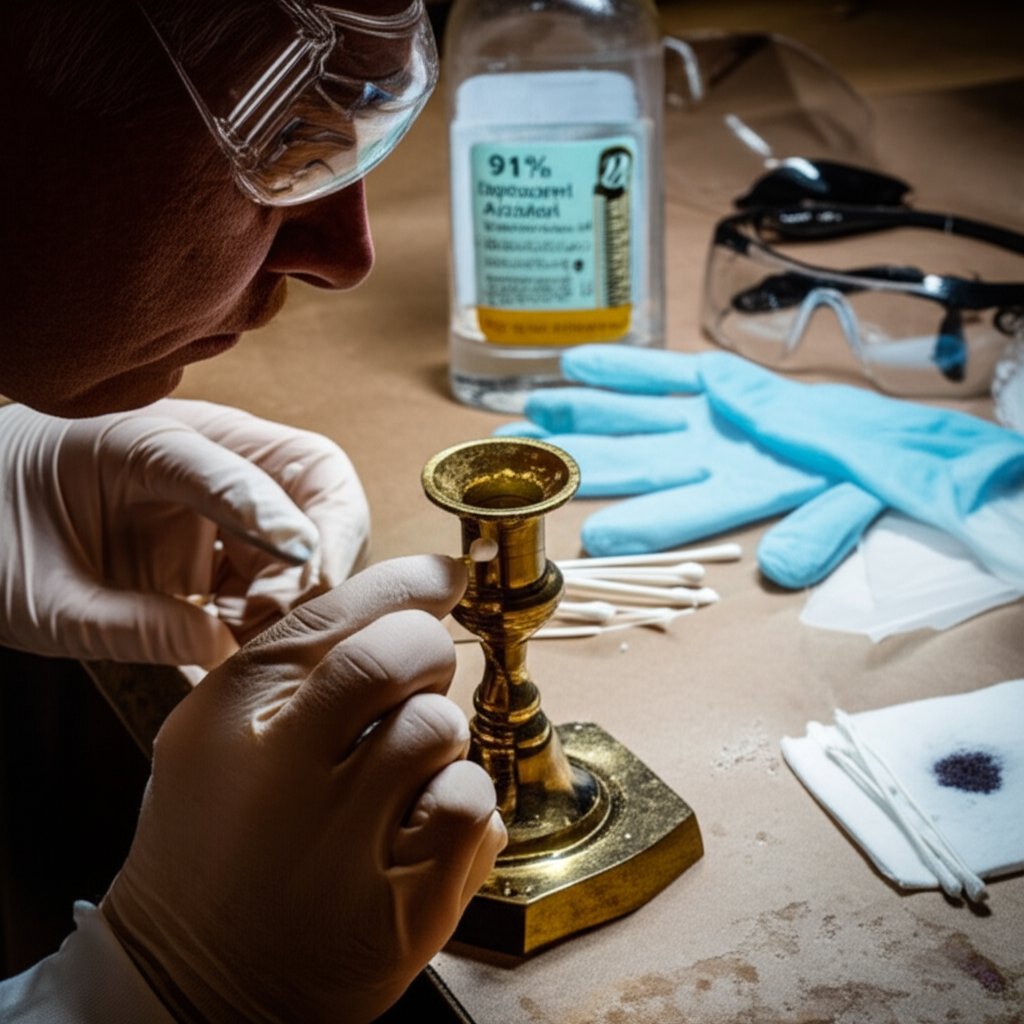 testing brass finish and preparing safety gear before cleaning