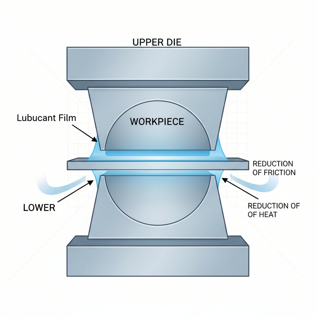 diagram showing a lubricant film protecting a workpiece during a die operation