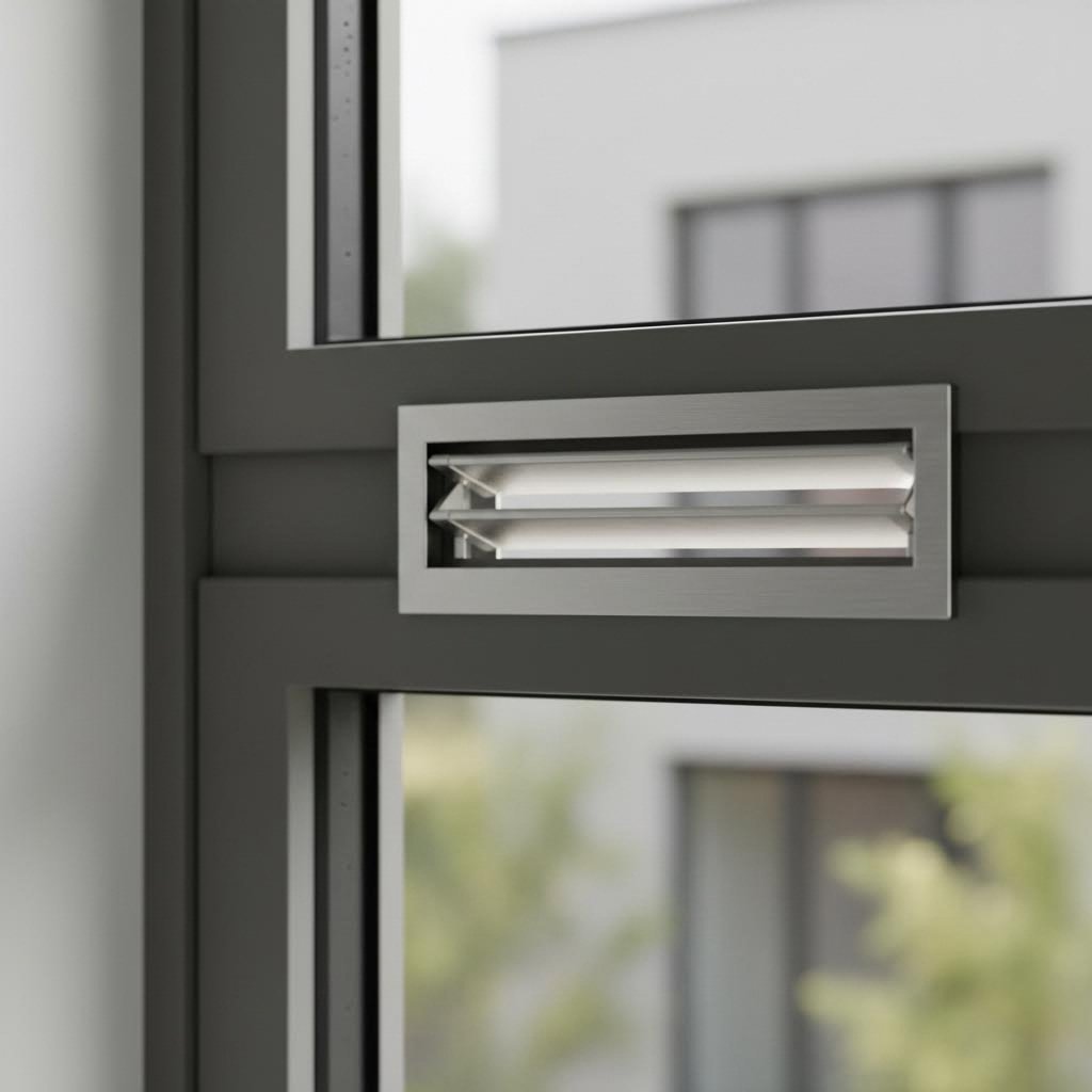 metal window vent installed on a modern residential window frame for controlled airflow