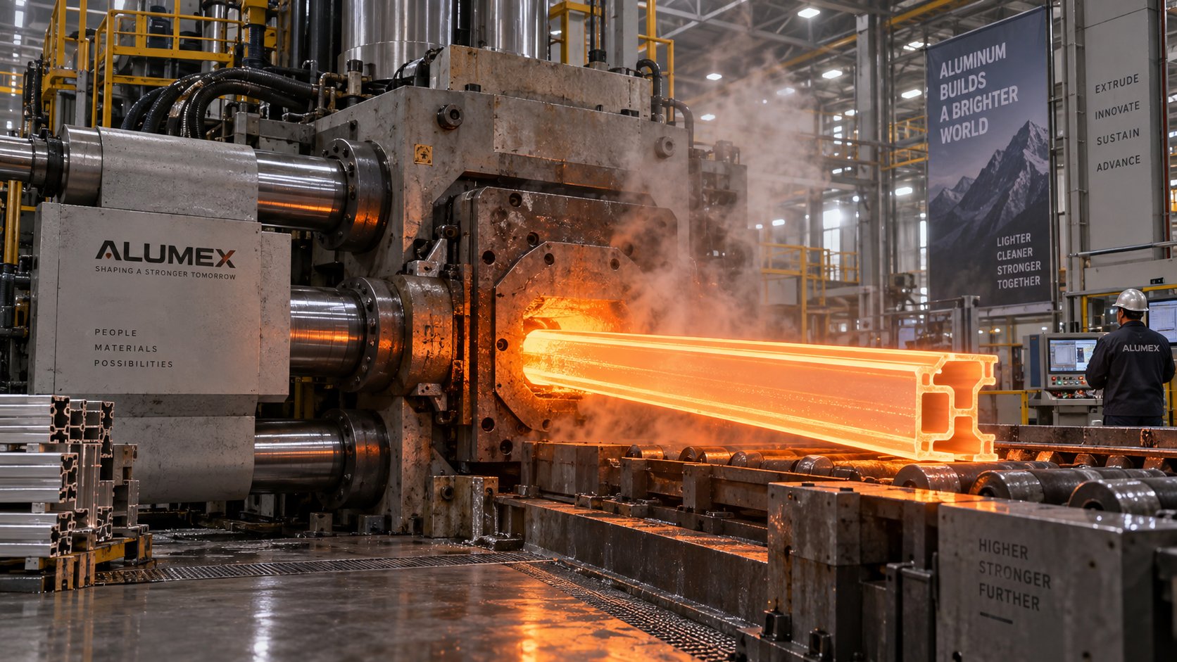 aluminum extrusion process showing heated metal emerging from a precision die