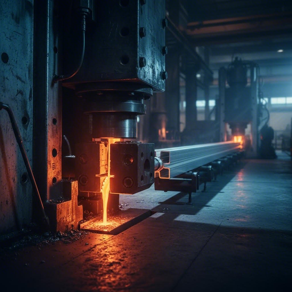 aluminum extrusion process showing heated metal flowing through precision dies to create custom profiles