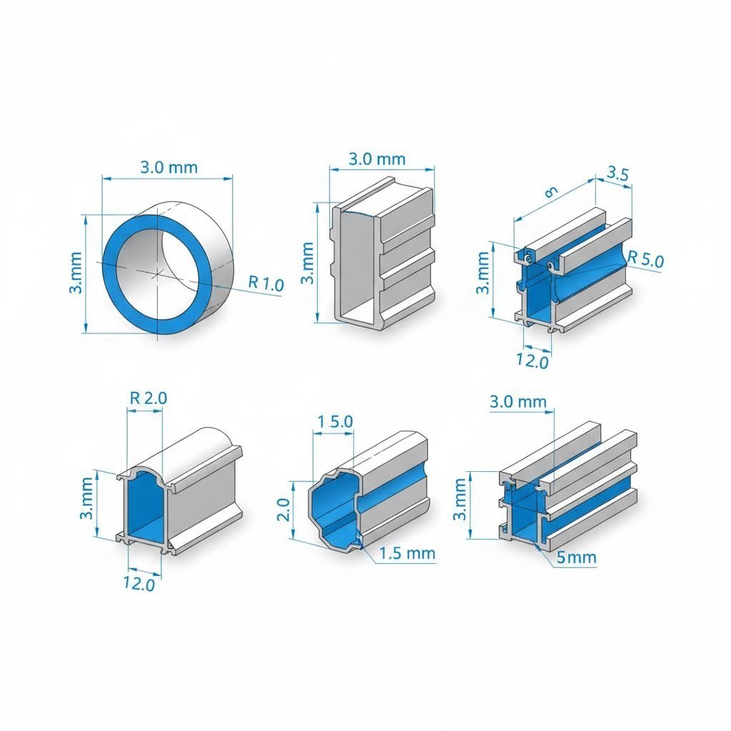 cross section views demonstrating uniform wall thickness principles in aluminum extrusion profiles