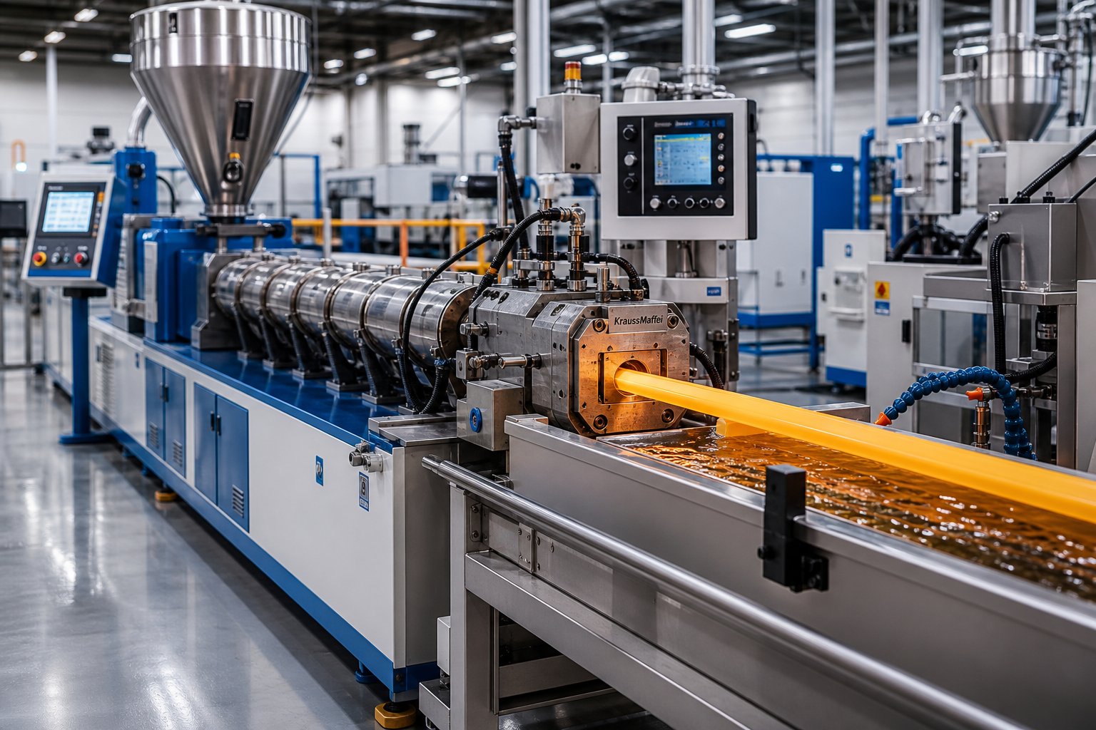 a modern plastic extrusion line showing the continuous process from pellet feeding to finished profile output