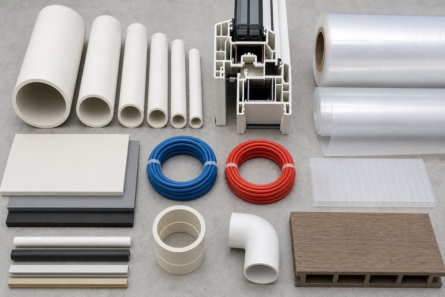 assorted extruded plastic products including pipes profiles film sheet and composite decking