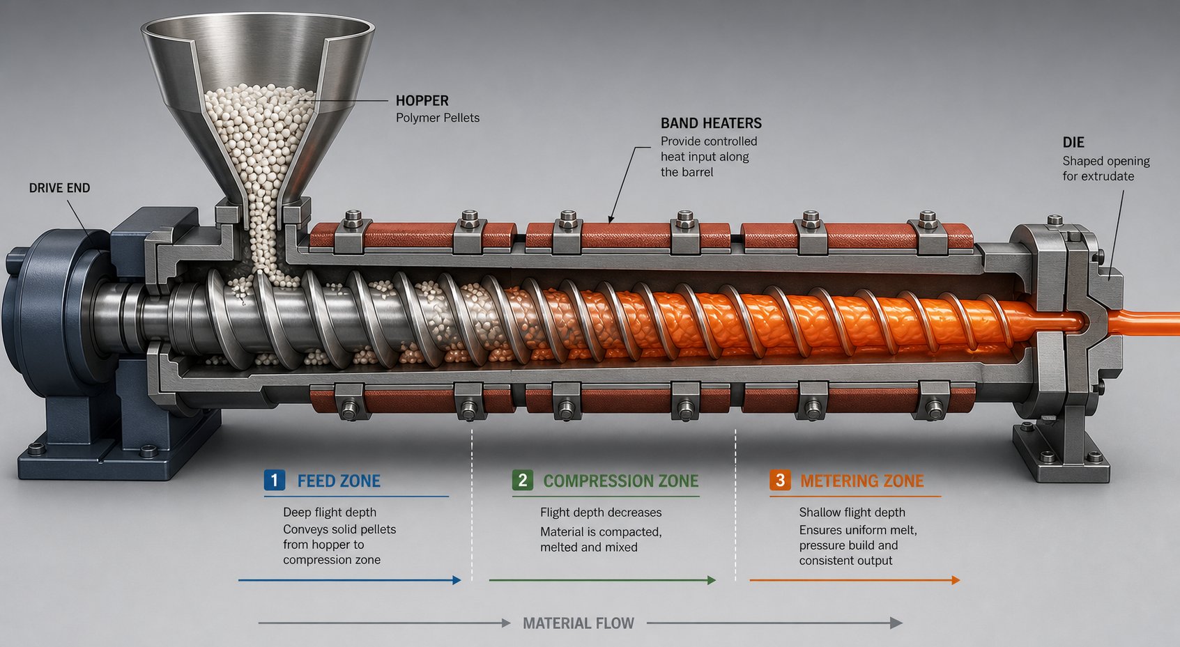 cutaway view of an extruder barrel showing feed compression and metering zones of the screw