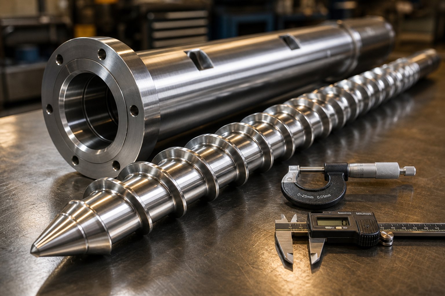 precision machined extruder screw and barrel assembly ready for inspection and maintenance