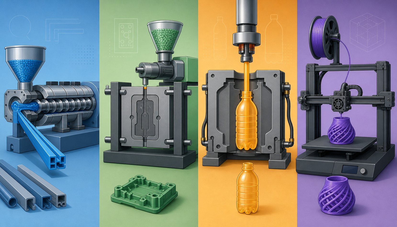 visual comparison of plastic extrusion injection molding blow molding and 3d printing processes