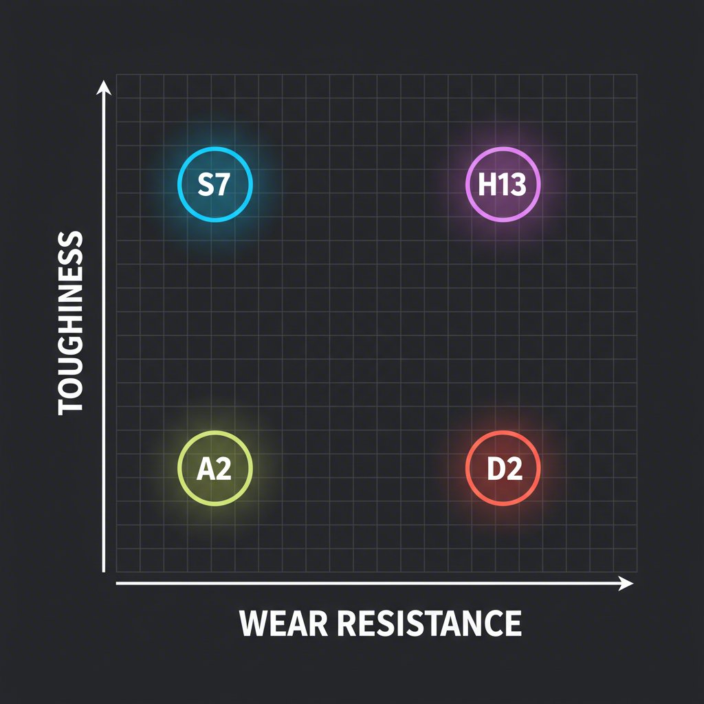 a chart comparing the wear resistance and toughness of common tool steel grades