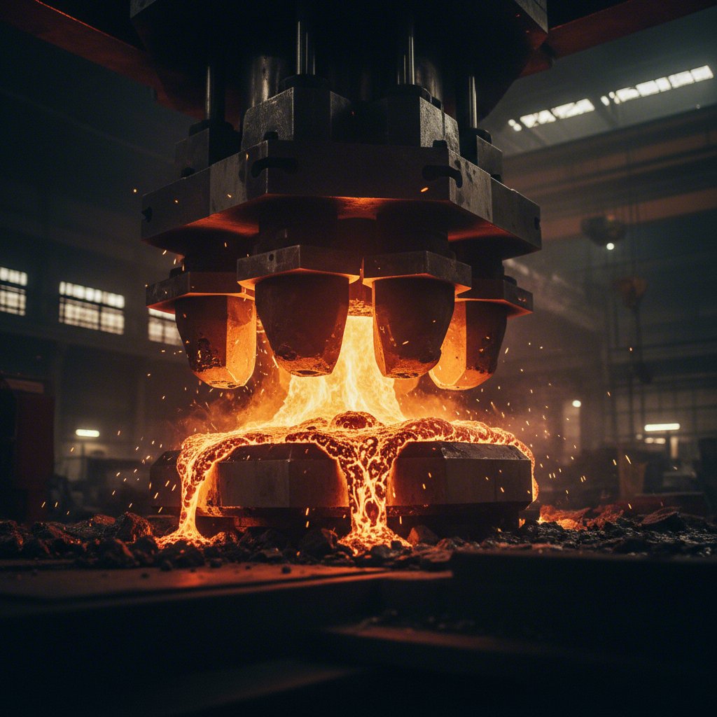 conceptual image of tool steel shaping a component under intense pressure and heat
