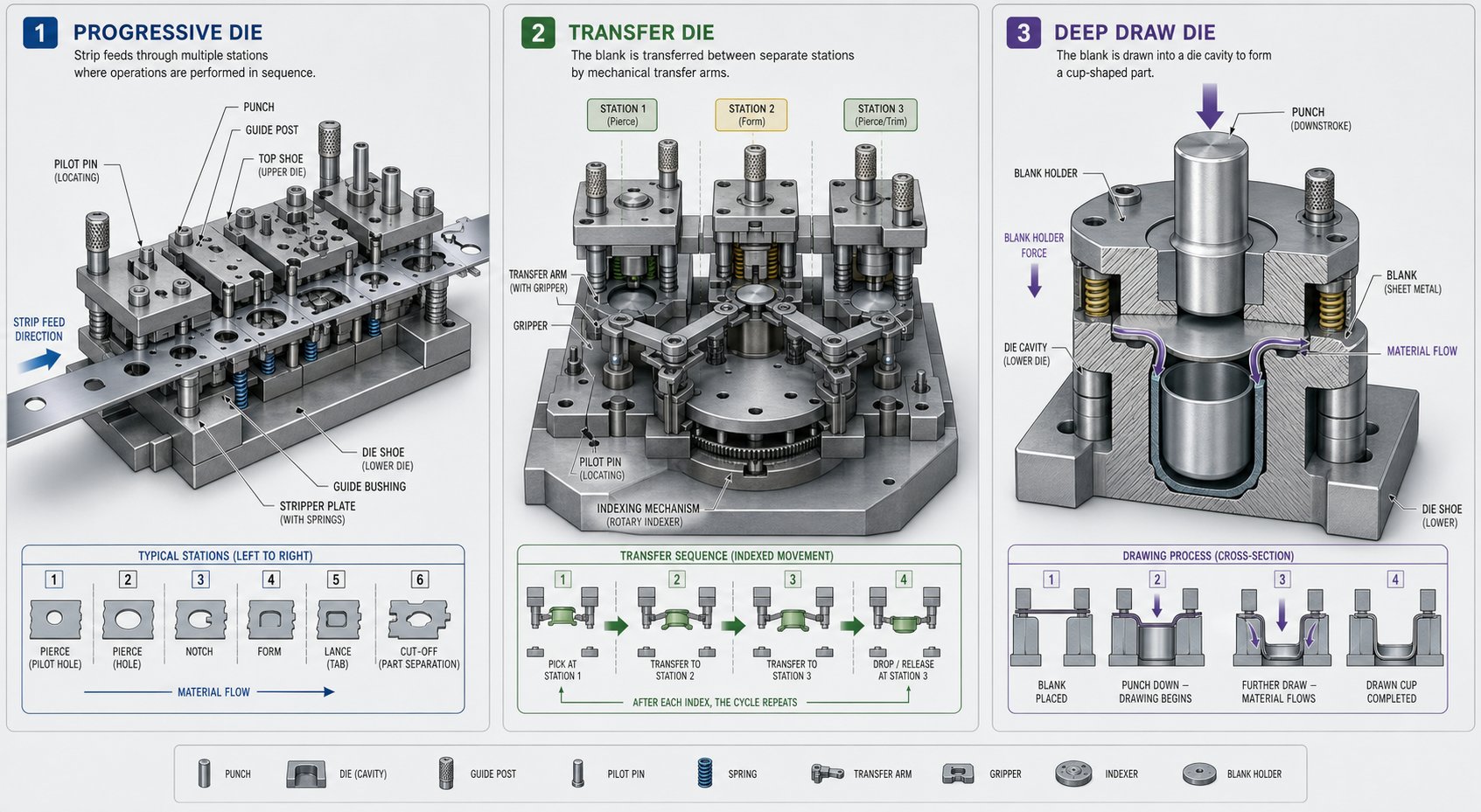 comparison of progressive transfer and deep draw die configurations showing how each type processes sheet metal differently