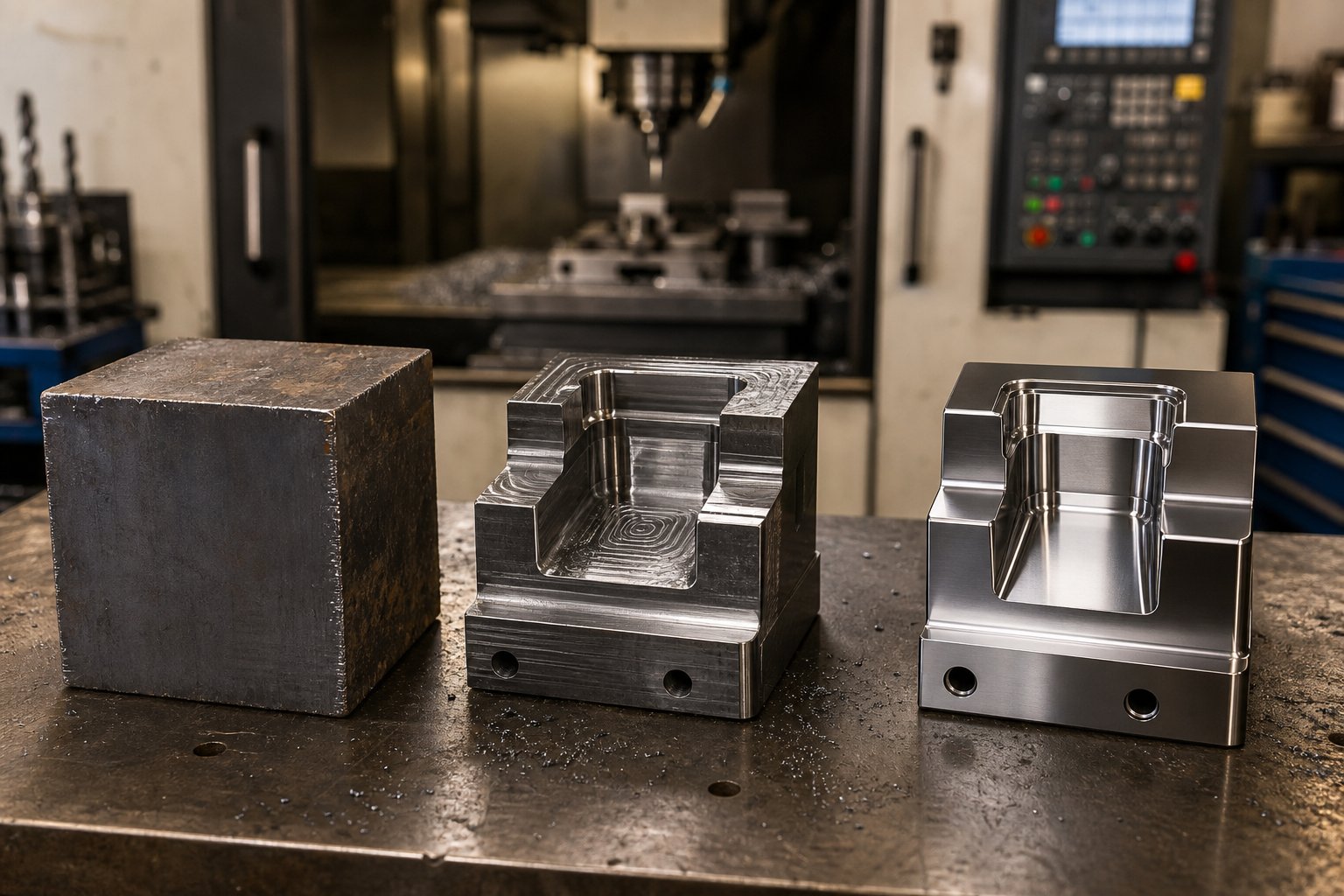die construction progression from raw tool steel block through cnc machining to a finished precision ground component
