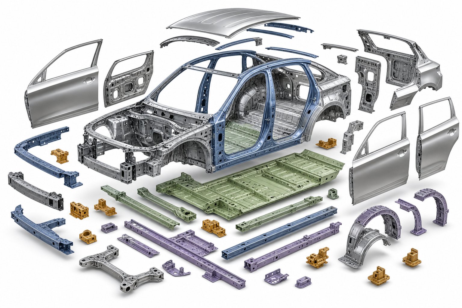 vehicle body in white structure with stamped components separated by system showing how different die types serve each area of the vehicle